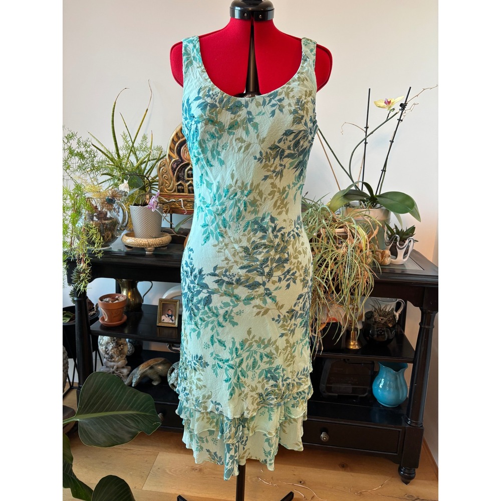 DRESSBARN floral tiered midi dress women size L teal beaded cottagecore pullover
